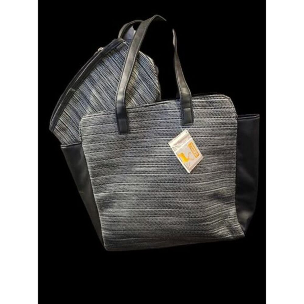 Yankee Candle Tote Black Metallic Silver Gold Threaded Stripes w‎ Zip Pouch*NEW*